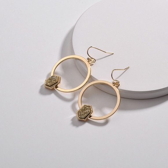 'Spark' Hexagonal Druzy Set Gold Hoop Earrings - Picture 3 of 6
